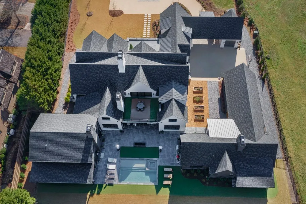 Berkeley Lake — aerial view of roofline and pool courtyard