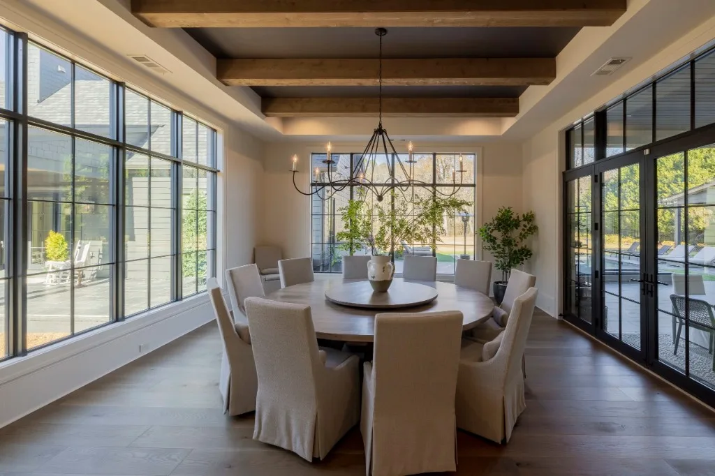 Berkeley Lake — dining room with beamed ceiling and garden views