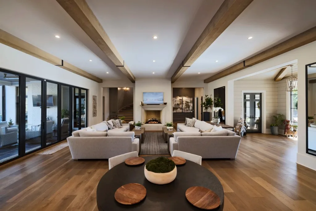 Berkeley Lake — great room with exposed timber beams