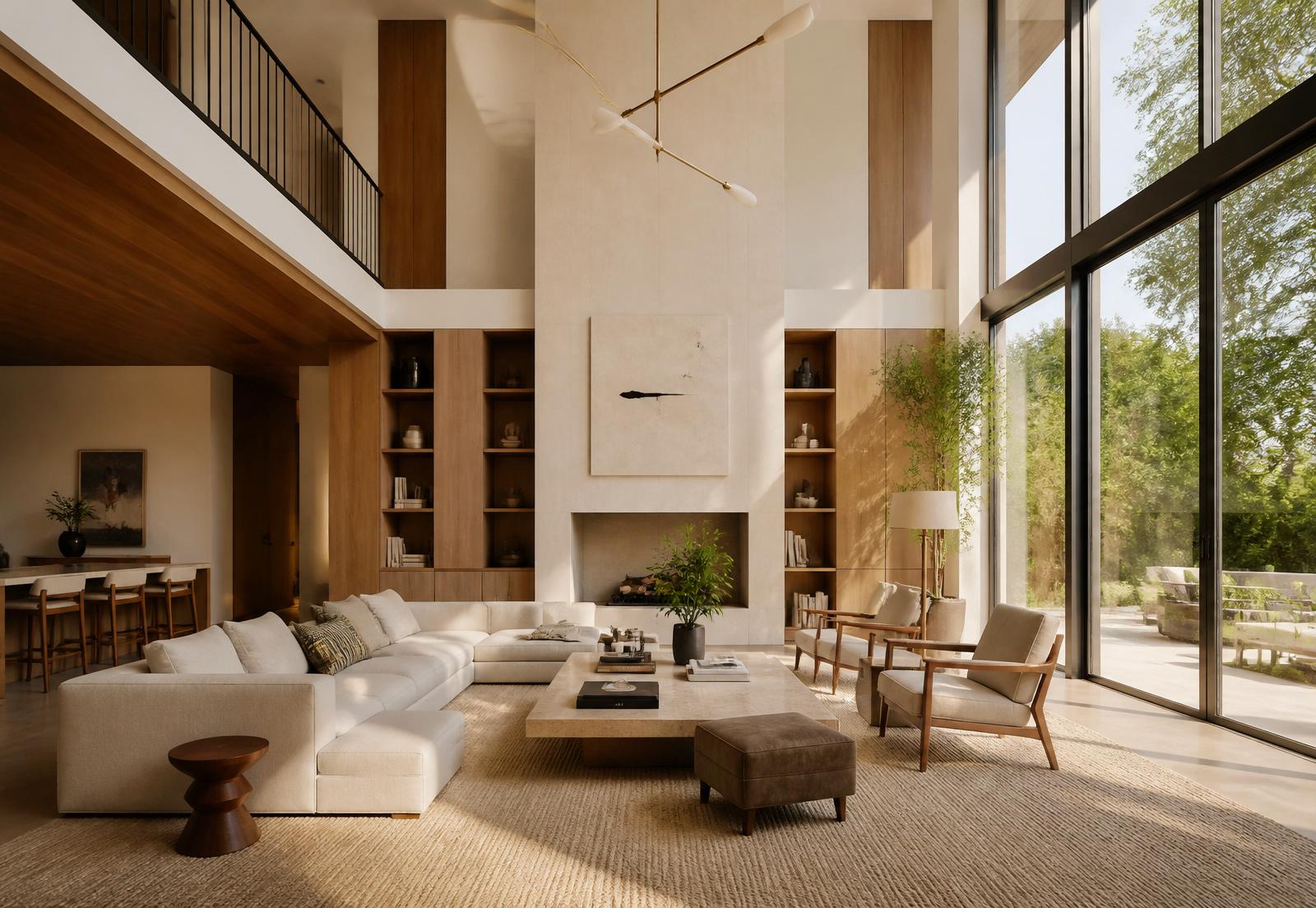 Double-height great room with limestone fireplace