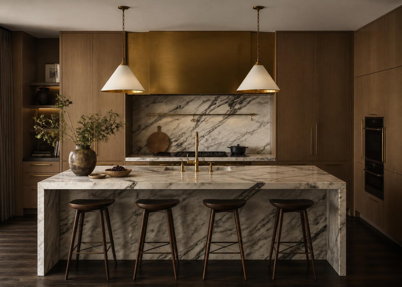 Custom kitchen with marble waterfall island and brass detailing