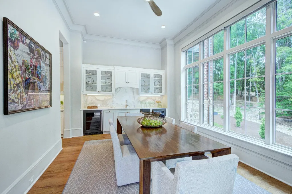 Mtn Lake — dining room with built-in bar and wooded views