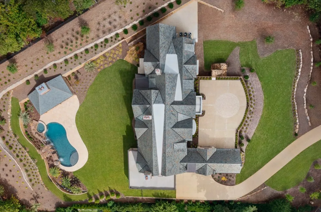 Paces Ferry Estate — aerial view of roofline, pool and grounds