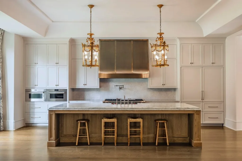 Paces Ferry Estate — kitchen with oak island and gilt lanterns