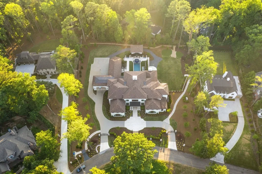 Peachtree Rd — aerial view of the estate at golden hour