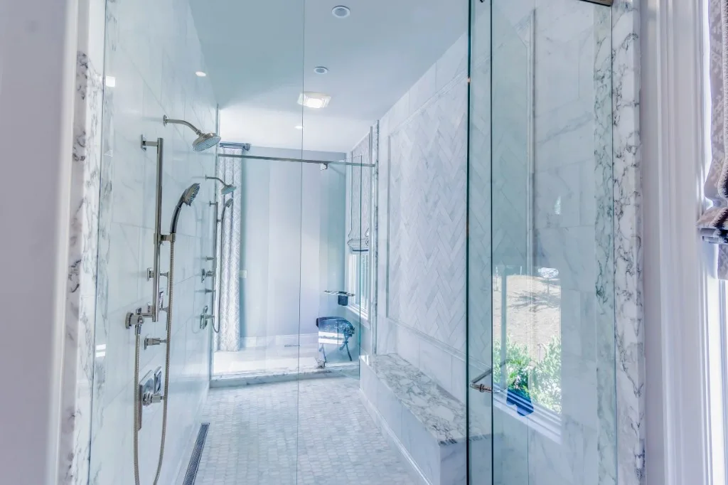 Peachtree Rd — marble walk-through shower