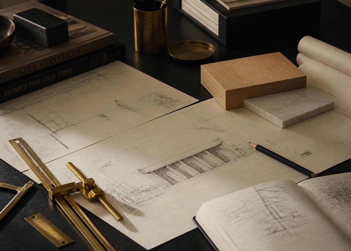 Architect's desk with brass drafting tools and material samples
